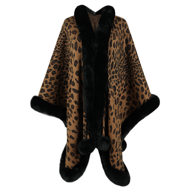 Women's Cozy Poncho with Luxurious Faux Fur Trim and Leopard Print Lune London