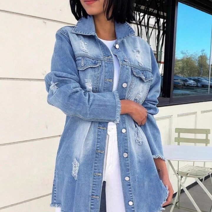 Women's Oversized Denim Jacket with Destroyed Details, Longer Cut and Frayed Hem Amarae