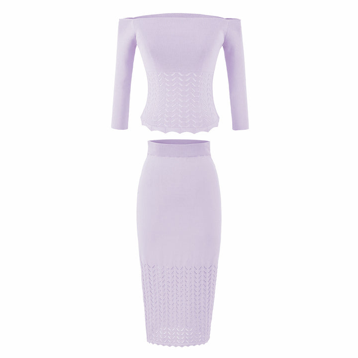 Women's Two-Piece Knit Set with off-the-shoulder Neckline and Bodycon Pencil Skirt Amarae