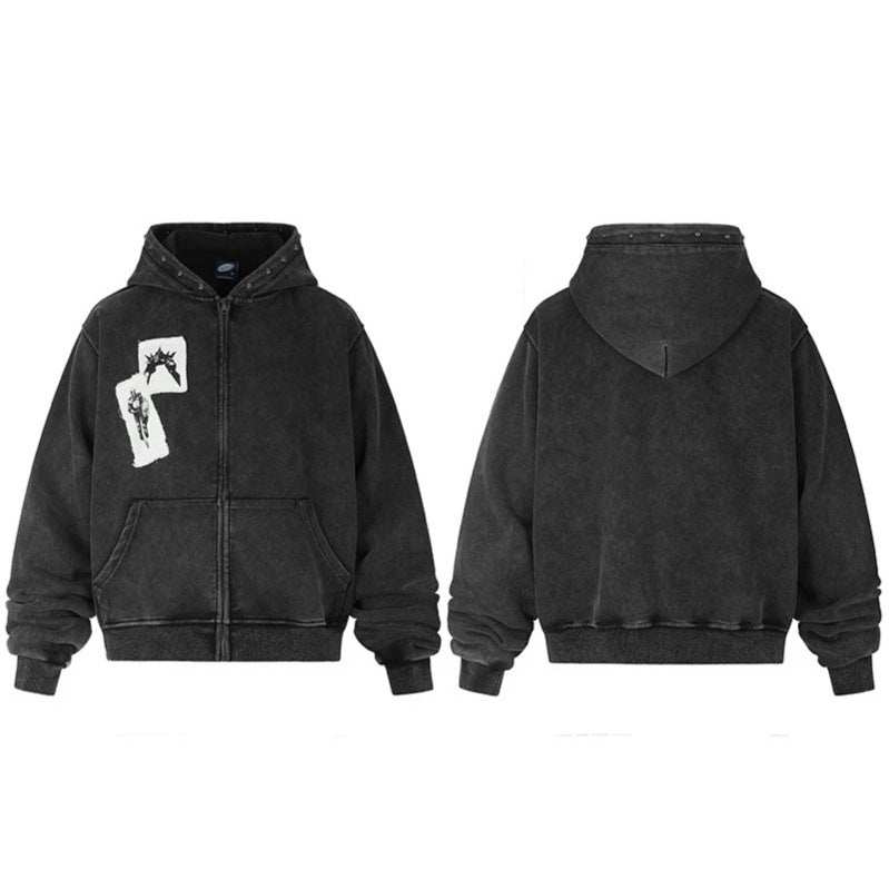 Men's hooded sweat jacket with vintage wash, oversized cut, patch print and studded accents Amarae