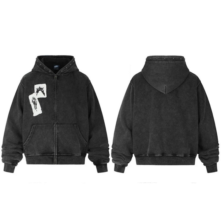 Men's hooded sweat jacket with vintage wash, oversized cut, patch print and studded accents Amarae