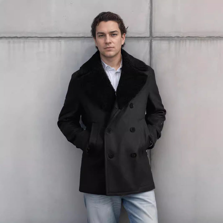 Double-breasted wool coat for men with faux fur collar Amarae