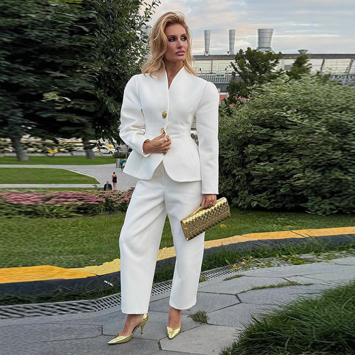 Women Tailored Couture Blazer Set with Sculptural Shoulder and Cropped Marlene Pants Amarae