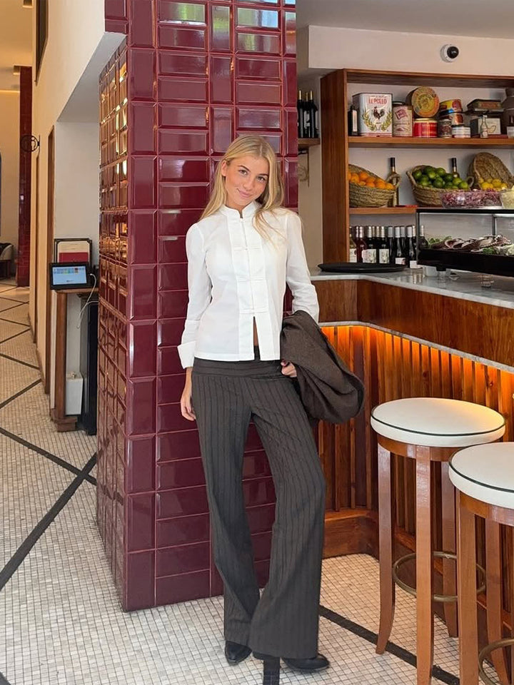 Ladies Tailored Mandarin Collar Blouse with Concealed Button Placket and Straight Hem Amarae
