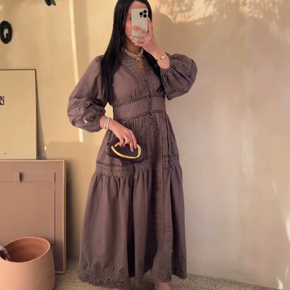 Women's maxi dress in boho style with lace inserts, button placket, and balloon sleeves Amarae