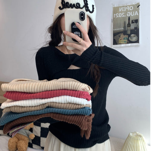 Women's long sleeve shirt with open shoulder area and rib knit pattern Amarae