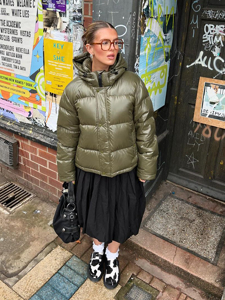 Women's Short Shiny Padded Jacket with Hood and Boxy Silhouette Amarae