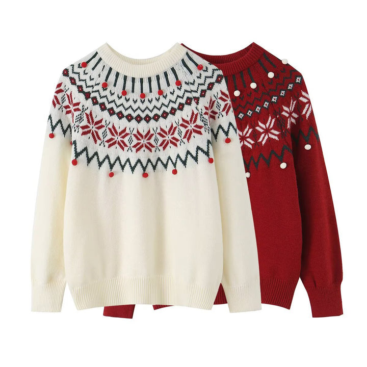 Women's knit sweater with Norwegian border and attached decorative pompons Amarae