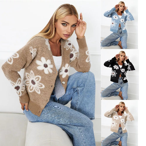 Ladies Cozy Sweater with Floral Pattern and Decorative Buttons Amarae