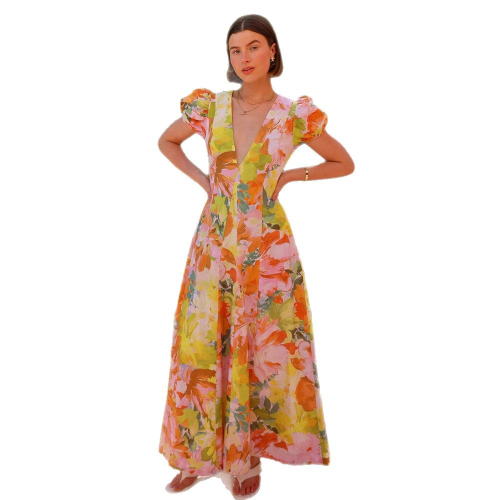 Women's maxi dress with deep V-neck and voluminous sleeves Lune London