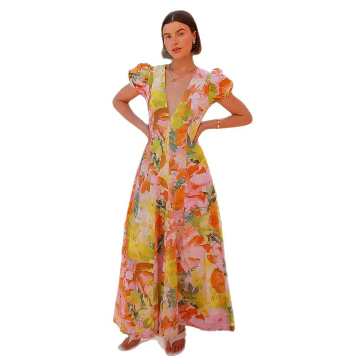 Women's maxi dress with deep V-neck and voluminous sleeves Lune London