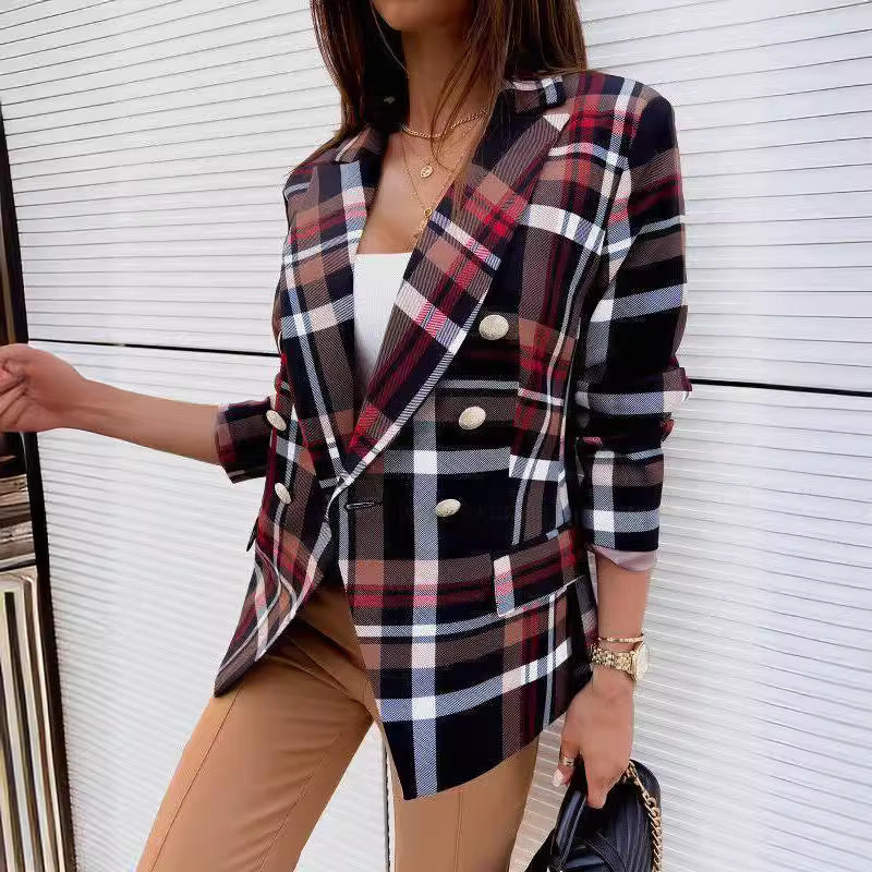 Custom tailored plaid double-breasted blazer for ladies Lune London