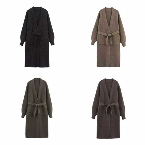 Ladies long knitted cardigan with waist belt Amarae
