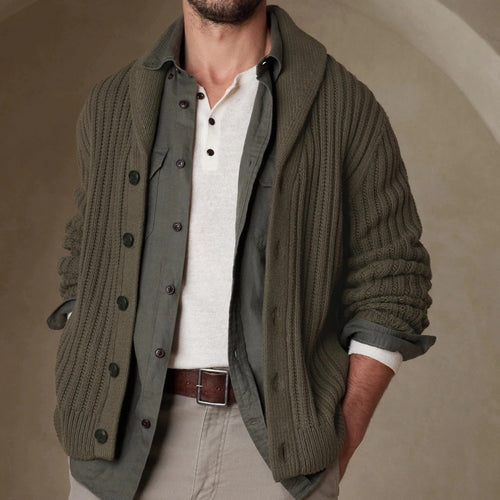 Men's knitted jacket with a modern cable pattern and classic folded collar Amarae
