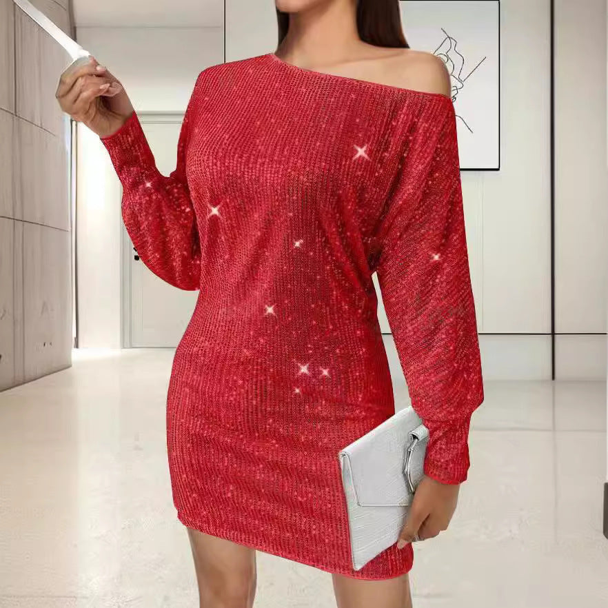 Glamorous mini dress for women with asymmetric sleeve design and sparkling effects Lune London
