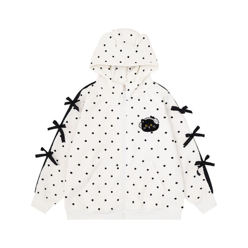 Women's hooded sweatshirt jacket with polka dot all-over, cat patch, bow sleeves and ear hood Amarae