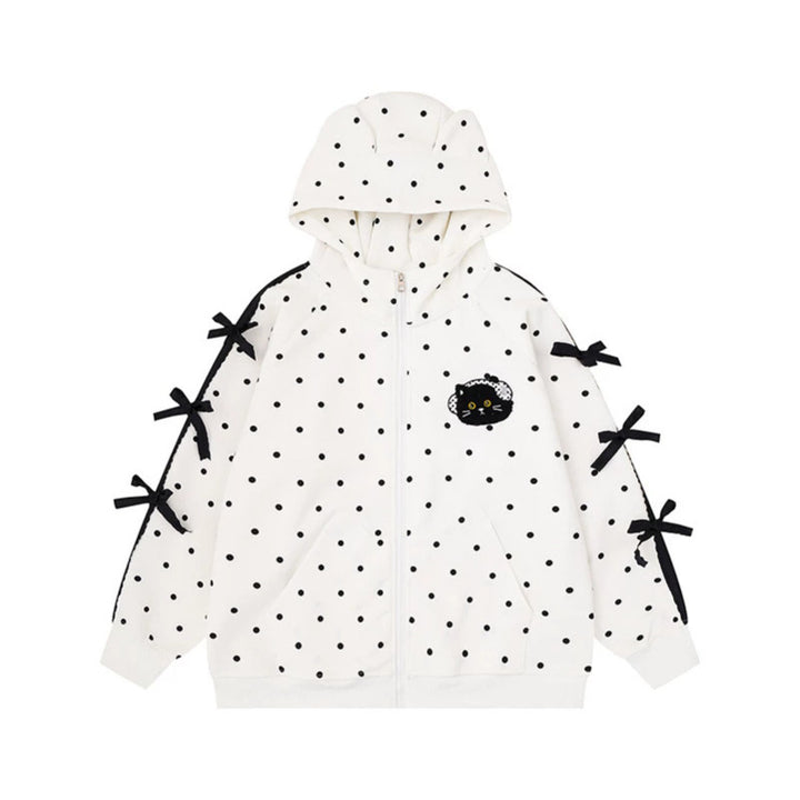 Women's hooded sweatshirt jacket with polka dot all-over, cat patch, bow sleeves and ear hood Amarae