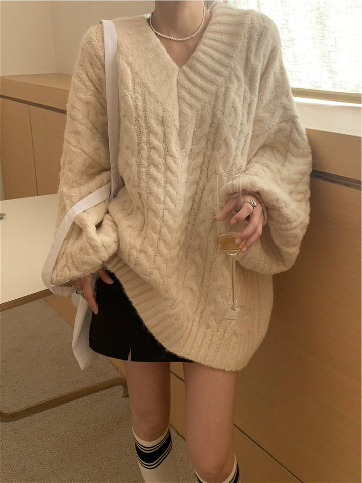 Pull en tricot épais pour femme avec des manches volumineuses et un col en V Chic & Stil