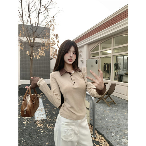 Women's Long Sleeve Polo Shirt with Unique Collar and Stylish Stripes Chic & Stil