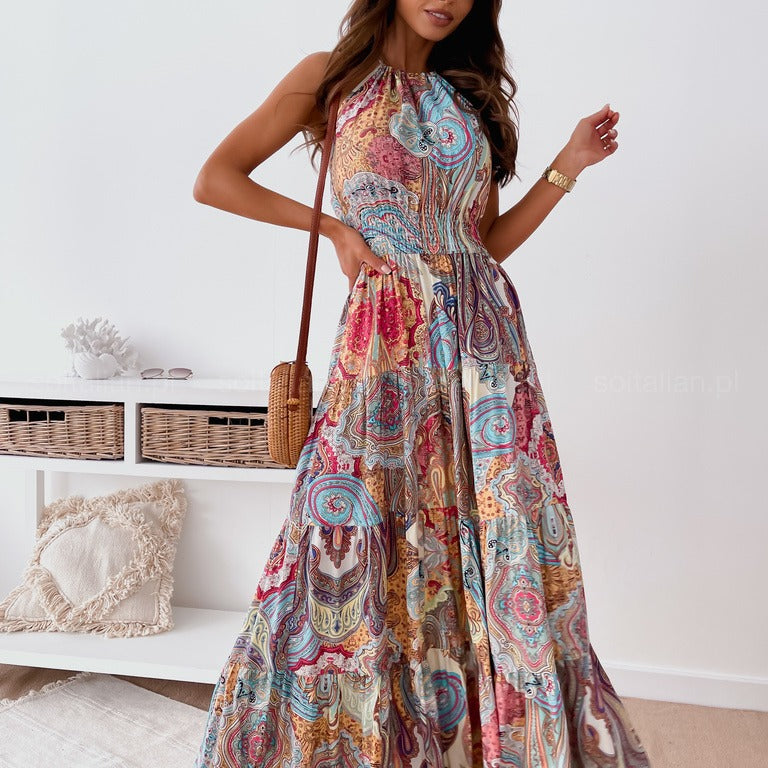 Maxi dress for women in boho style with a scoop neck and flowy skirt Lune London