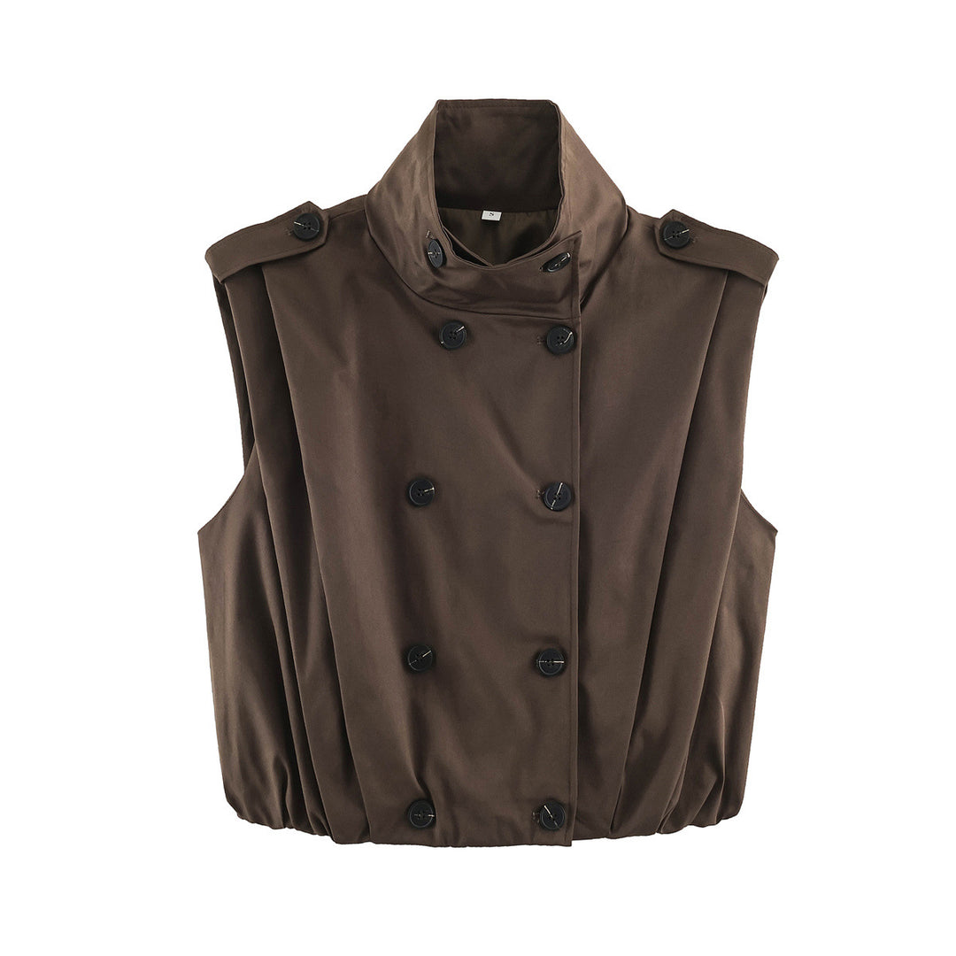 Women's Cropped Trench Vest without Sleeves with Double-Breasted Button Placket and Epaulets Amarae