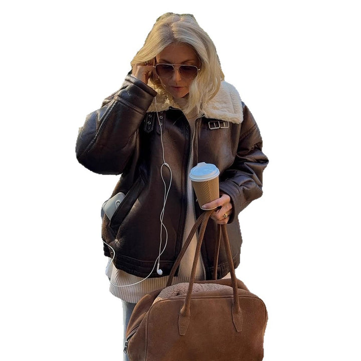 Women's Oversize Pilot Jacket made of Faux Leather with Teddy Lining and Wide Cut Amarae