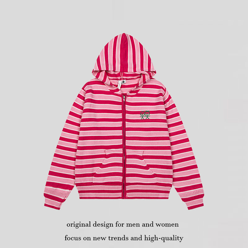 Women's Striped Hooded Cardigan with Full Zip and Pockets Amarae