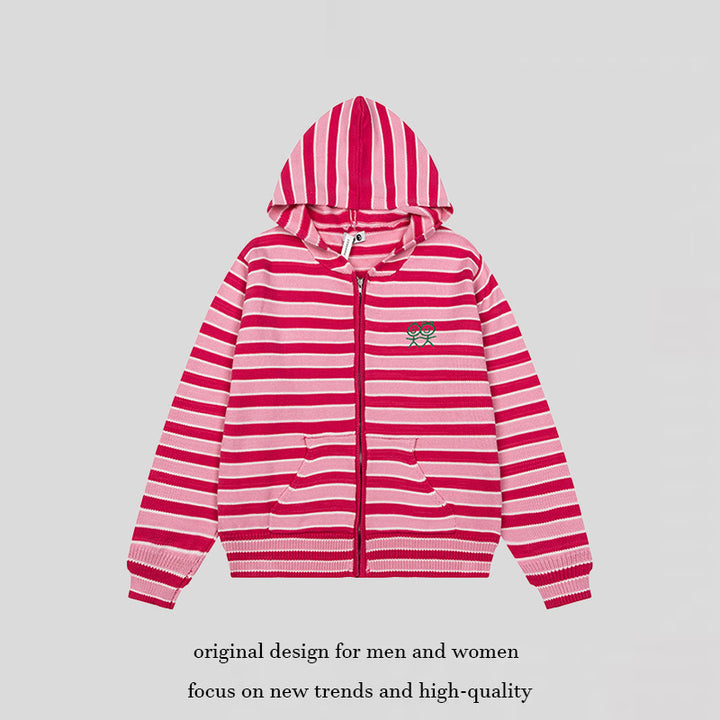 Women's Striped Hooded Cardigan with Full Zip and Pockets Amarae