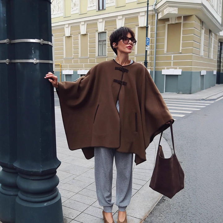 Women's Oversize Cape Coat made of wool blend with high stand-up collar and leather tabs Amarae