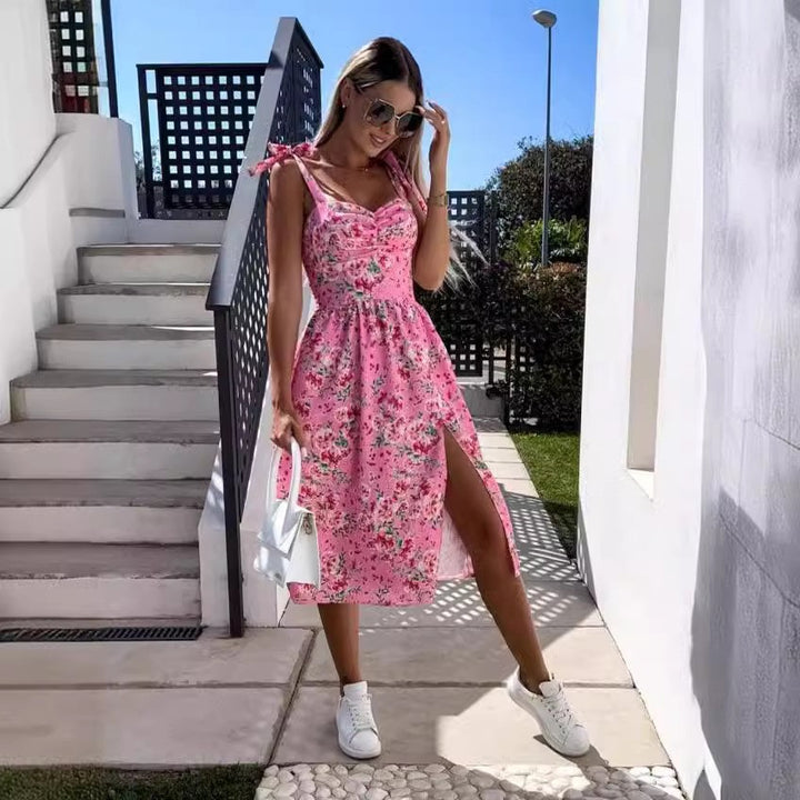 Lune London Floral Print High Slit Midi Dress