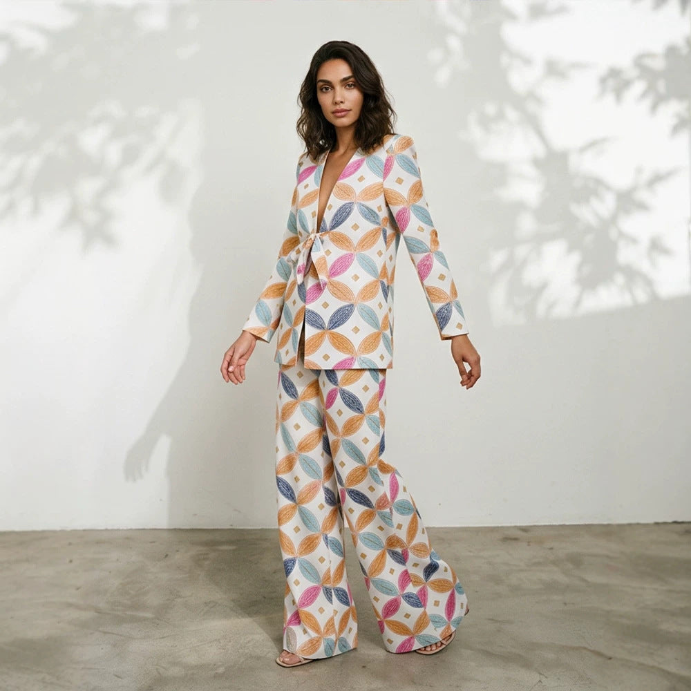 Women's Two-Piece Jacquard Suit with Waist Bow and Wide Leg Amarae