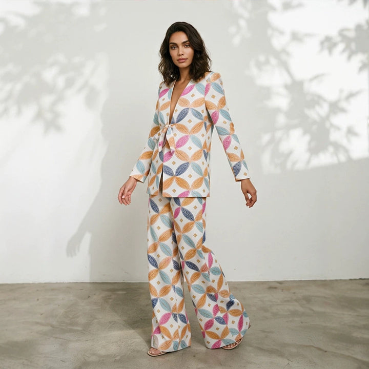 Women's Two-Piece Jacquard Suit with Waist Bow and Wide Leg Amarae