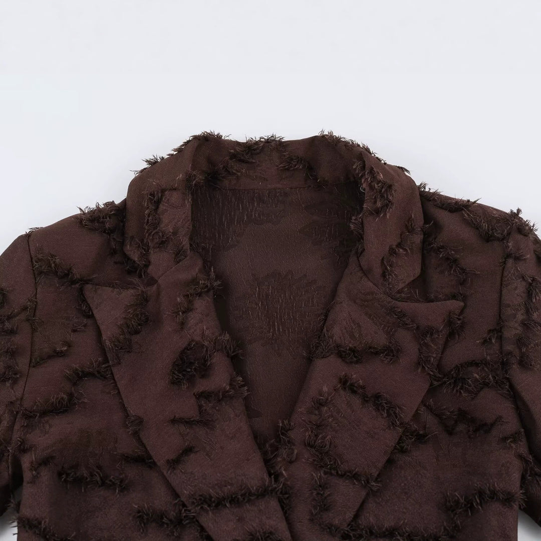 Ladies double-breasted mid-length coat with fringe texture and waist belt Amarae