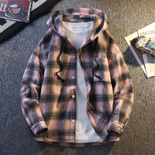 Plaid flannel jacket for men with hood and button closure Amarae