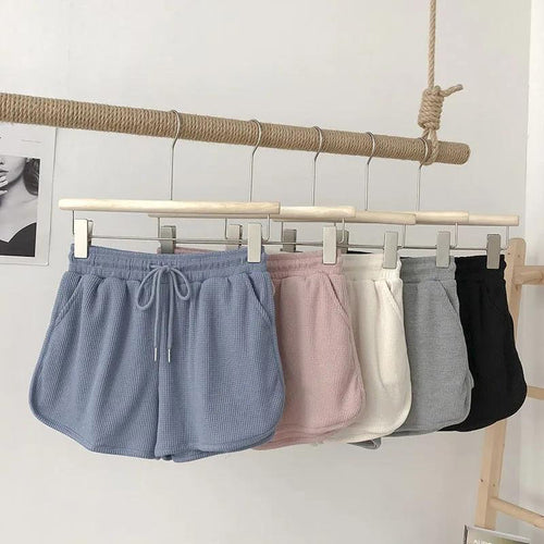 Women's casual waffle texture shorts with adjustable drawstring and elastic waistband