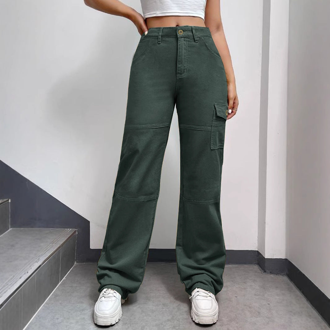 Women's High-Waisted Cargo Palazzo Pants with Seam Segments and Side Flap Pocket Amarae