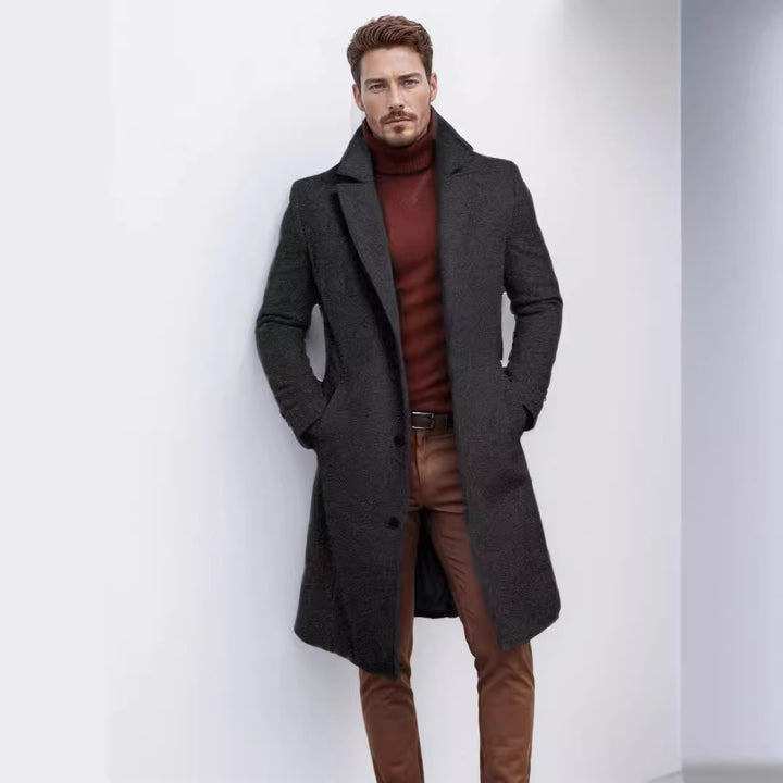 Elegant long coat for men with a textured premium material and practical pockets Amarae