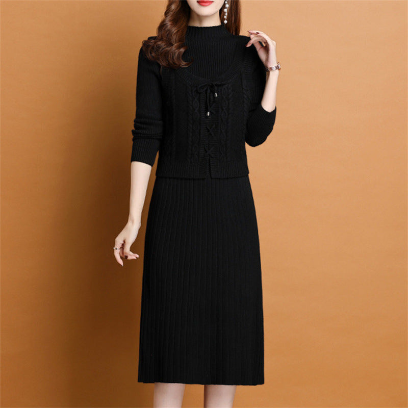 Elegant knitted dress for women with high collar and decorative braid design Lune London