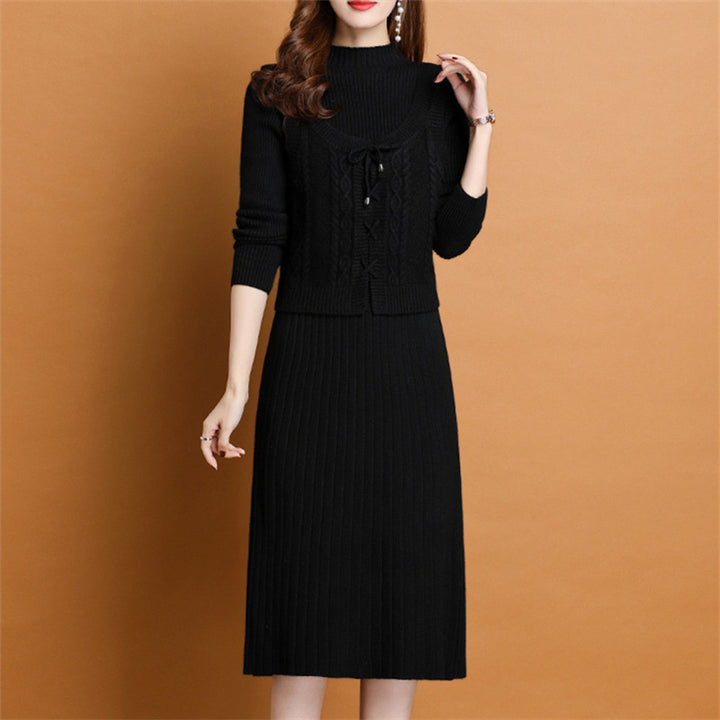 Elegant knitted dress for women with high collar and decorative braid design Lune London