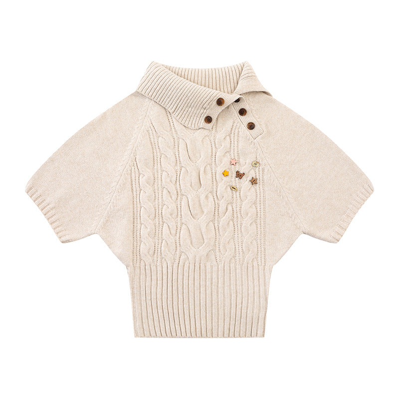 Women's Short-Sleeved Cable Knit Sweater Top with Stand Collar and Button Placket Amarae