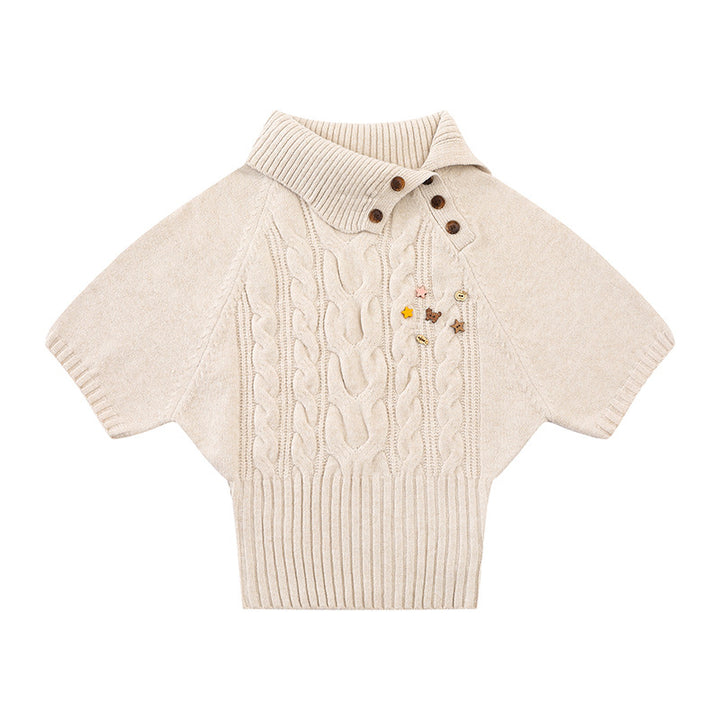 Women's Short-Sleeved Cable Knit Sweater Top with Stand Collar and Button Placket Amarae