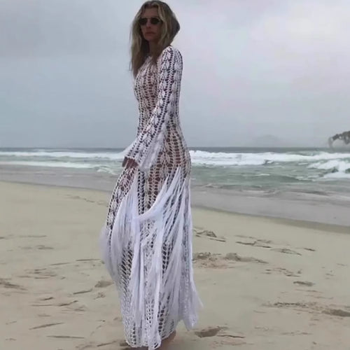 Maxi knit dress for women with an elegant openwork pattern and a longer cut Amarae