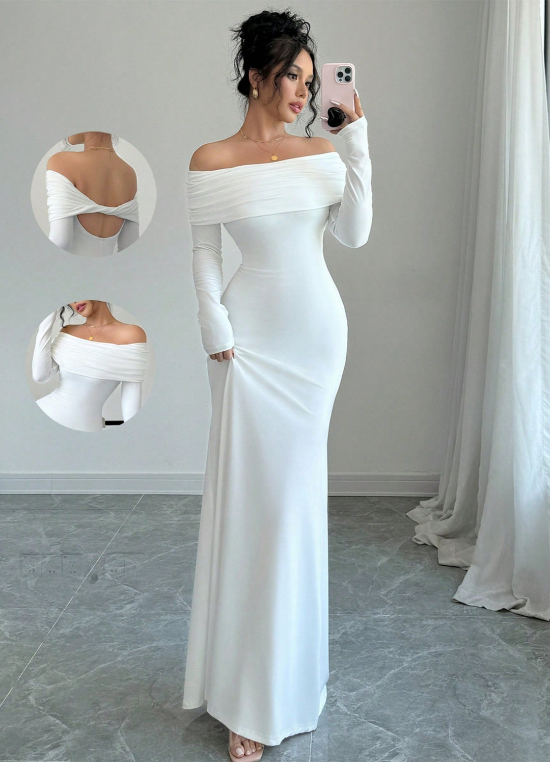 Maxi festive dress for women with off-shoulder neckline and fitted cut Lune London