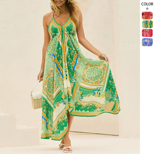Ladies Airy Maxi Dress with Playful Halterneck Design and Floral Accents Amarae