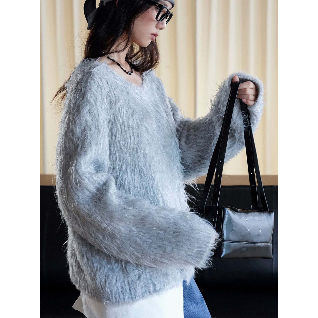Women's Fluffy Oversize Sweater in Mohair Look with Wide V-Neck Dress