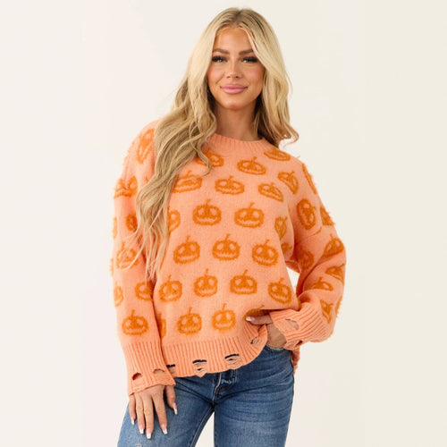 Pull en tricot de haute qualité pour femmes avec motif citrouille d'automne et ourlet élastique Chic & Stil