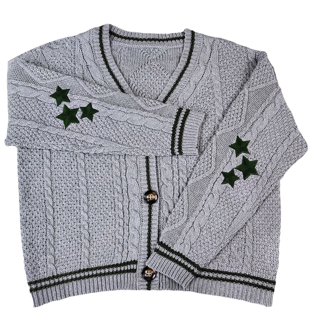 Ladies chunky cardigan with stylish star appliqués and contrasting details Lune London