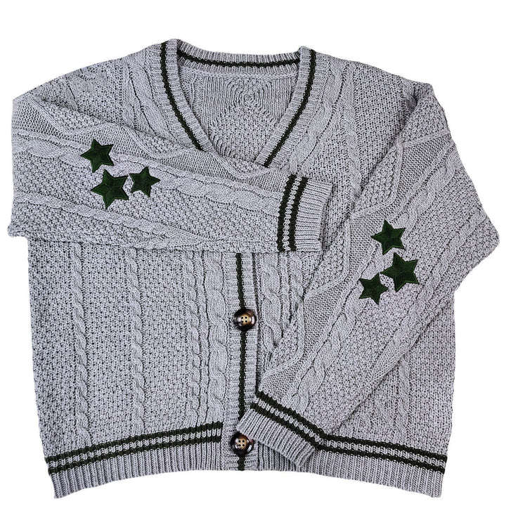 Ladies chunky cardigan with stylish star appliqués and contrasting details Lune London