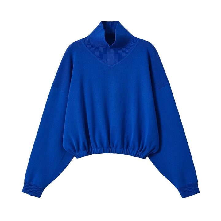 Women's Cropped Oversized Sweater with Stand Collar V-Slit and Gathered Hem Amarae