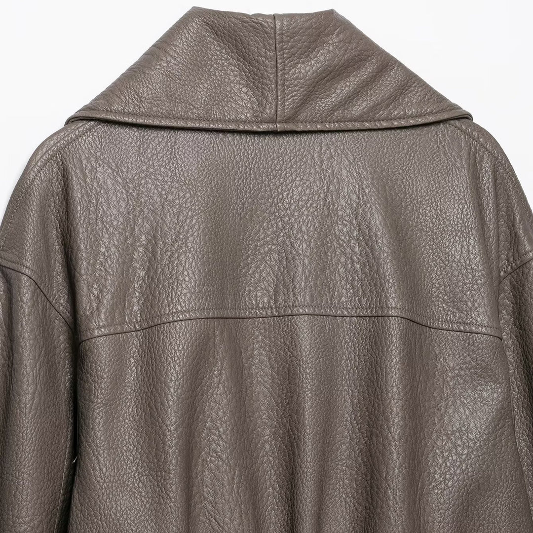 Women's Short Tailored Leather-Look Jacket with Oversized Shawl Collar and Gathered Hem Amarae
